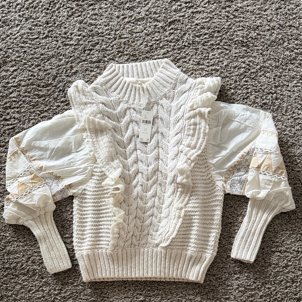 Anthropologie Cream Cable Knit Sweater with Ruffled Sleeves